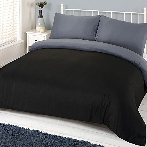 Brentfords Plain Dye Duvet Cover with Pillowcase Reversible Bedding Set - Black Grey - Double