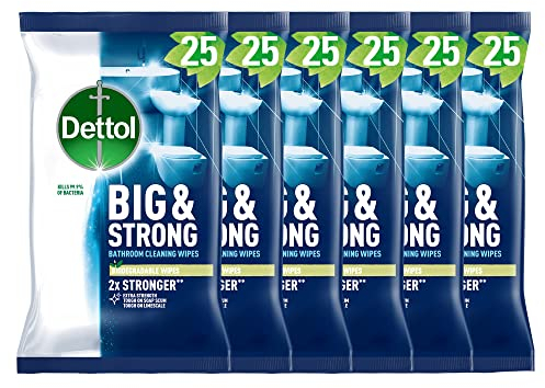 Dettol Big and Strong Bathroom Wipes, 25 Count (6 x 25, Total 150 Wipes), Extra Strength, Tough on Soap Scum and Limescale, Biodegradable