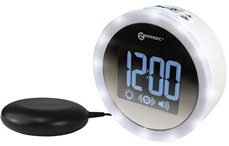 Réveil avec Alarme Puissante de 95dB, Flash Lumineux et Coussin Vibrant - Le Wake 'N' Shake Star de Geemarc Réveille Les Gros Dormeurs, Malentendants et Sourds - Port de Charge USB - Version FR