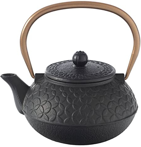 Secret de Gourmet - Théière en Fonte et intérieur émaillé modèle Flower noir et anse cuivrée capacité 1 L