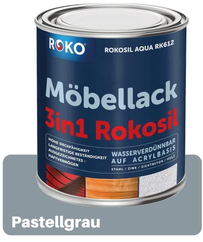 ROKO Möbellack - 0,7 Kg - Pastellgrau - 3in1 Möbelfarbe auf Wasserbasis - Seidenmatt - Für Holz, Metall & Kunststoff