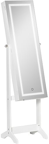 HOMCOM Schmuckschrank mit LED Spiegelschrank Schmuckregal Schmuckorganizer Standspiegel mit 4 Ablagen 46 x 36,5 x 151,5 cm
