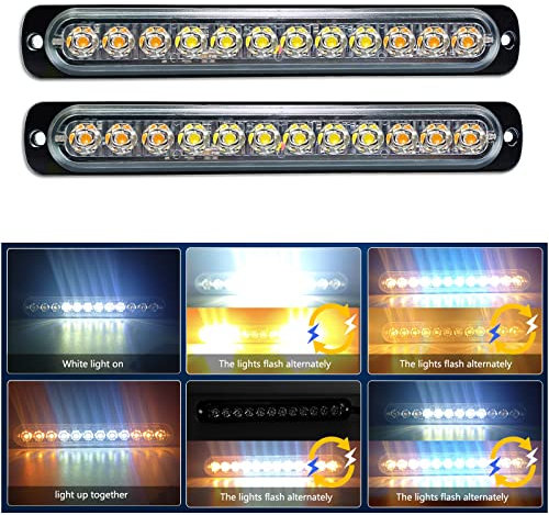 RIGIDON 2 Pz Bianco ambra12 LED Lampada di Emergenza Strobo Barra Luminosa, 12V 24V Impermeabile Luce Lampeggiante per Camion Auto Trattori Elevatori SUV 4x4 Veicolo Barca, Sicuro faretti fendinebbia