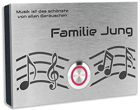 Jung-Edelstahl-Design V2A Edelstahl Türklingel London1 Motiv Musik. Klingelschild mit Gravur 12x8 cm. Led Klingeltaster. Klingelplatte Aufputz oder Unterputzmontage.