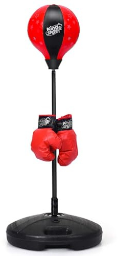 RELAX4LIFE Punching Ball con Guantini per Adulti e Bambini, Sacco da Boxe con Altezza Regolabile 81-123 cm, Palla di Pugilato da Terra con Base Stabile, Rosso e Nero (Piccolo)