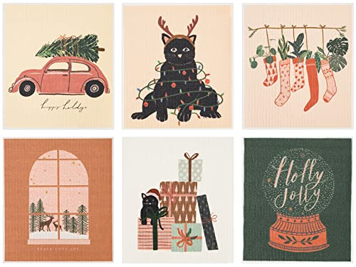 Whaline 6Pcs Christmas Swedish Dishcloths Boho Merry Christmas Kitchen Dish Towel Reusable Washable Cotton Xmas Swedish Kitchen Towels for Christmas Winter Holiday Baking Cooking, 6.7 x 7.7Inch