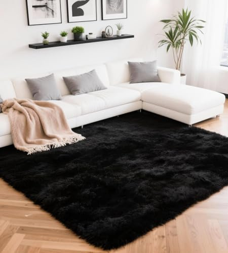 ROHATIM Teppich Wohnzimmer 120 x 160 cm Schwarz Waschbar Rutschfester Hochflorteppich Kinderzimmer Schlafzimmer Flauschiger Teppiche