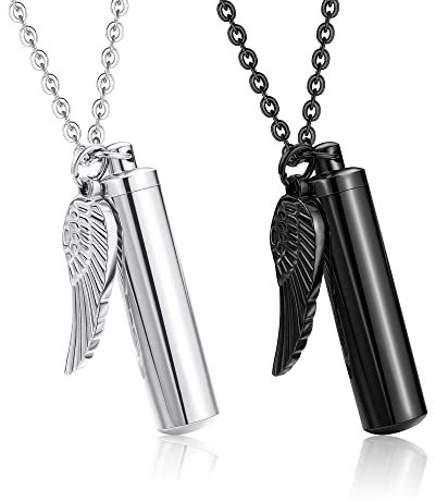 LOLIAS 2 Pcs Collier d'Urne Crémation Cylindre d'Aile d'ange Acier Inoxydable pour Cendres Mémorial Souvenir Pendentif Collier Charme Crémation pour Femmes Hommes