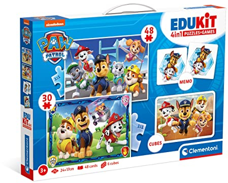 Clementoni Edukit 4 in 1 Paw Patrol - Spielesammlung für Vorschulkinder ab 3 Jahren - Inkl. 2 Puzzles, Memo-Spiel & Würfelpuzzle, 18291