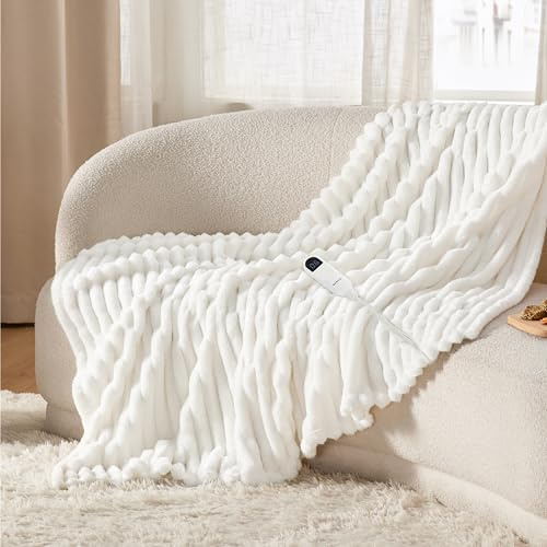 Bedsure Heated Blanket Electric Throw - Thick Striped Flannel Electric Blanket, Heating with 6 Time Settings (Up to 10H), 6 Heat Settings & 8Hr Timer Auto Off, Gift for Grandma (50x60 inches, White)