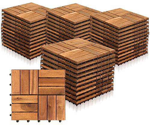 Yakimz 30 x 30 cm Holzfliesen aus Akazienholz, Anti-Rutsch-Bodenbelag, 44er Terrassenfliese, 4m² Bodenbelag Drainage Klicksystem Terrasse Balkon Garten, Braun