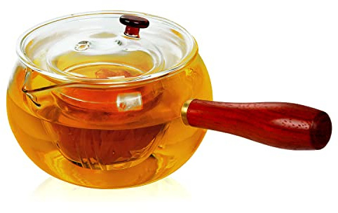 WHJY Glass Teapot with Infuser for Loose Tea, Small Clear Magic Tea Kettle for Stove Top, Clear Japanese Tea Kettle with Wooden Handle Kyusu Teapot - 17oz
