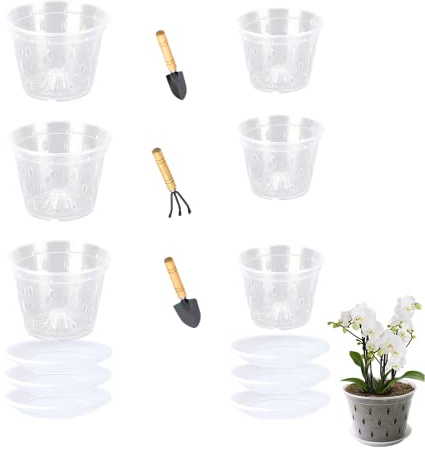 CURTEK Orchid Pots for Repotting Kit 6 Pcs Orchid Pot with Holes and Saucers 5.5in and 4.5in Clear Orchid Pots Breathable Plastic Slotted Plant Pot for Indoor Outdoor with 3 Mini Garden Tools