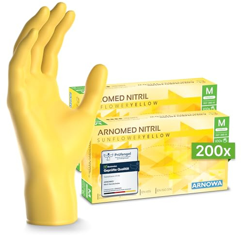 ARNOMED gants jetables jaune, gants nitrile taille M, gant jetable 200 pièces (2 boîtes), gants en nitrile non poudrés & sans latex, gants jetable cuisine, gants a usage unique en XS, S, M & L