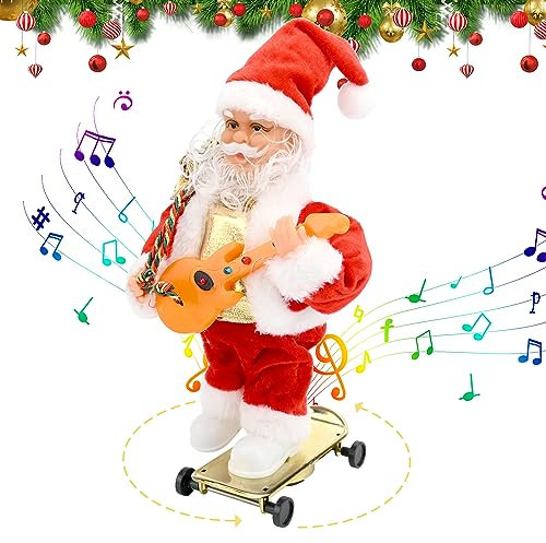 TSLBW Electric Santa Claus Musical Christmas Ornament Guitar Skateboard Doll Singing Dancing Santa Figure Musical Toy Novelty Xmas Gift for Kids Desktop Decorations