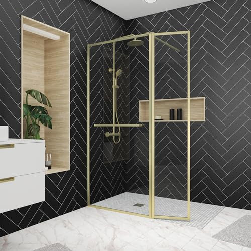 Paroi de Douche avec Volet Pivotant 90+40x200 cm - Porte-serviette + Etagère Finition Or Doré Brossé