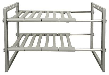 Scaffale Sottolavello Stoviglie– Stoviglie Ripiano PP rack estensibile organizzatore sotto il lavello scaffale espandibile di stoccaggio, 2 livelli, per cucina, bagno-38-70*26*38 cm (grigio)