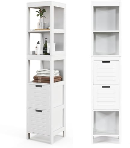 LIFEZEAL Hochschrank 145cm, Freistehender Badezimmerschrank mit 2 herausnehmbaren Schubladen, Standregal mit Fußpolster, Badschrank für Küche & Badezimmer, 30 x 30 x 145 cm (Weiß)