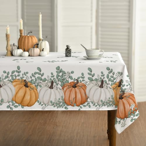Horaldaily Herbst Tischwäsche 140x110 cm Rechteckig, Erntedankfest Herbsternte Orange Kürbis Eukalyptus Tischdecke für Party Picknick Abendessen Dekor