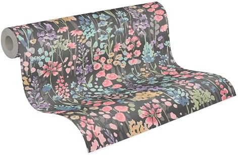 A.S. Création papier peint à fleurs en multicolore, noir, rose, bleu, vert - papier peint intissé de haute qualité floral 396064 - papier peint design peint sur 10,05m x 0,53m - Made in Germany