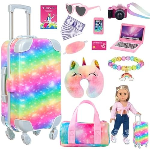 ZITA ELEMENT 23 PC 18 inch Doll Accessories Suitcase Rainbow Travel Set,Suitcase, Bag, Camera, Computer, Cell Phone, Neck Pillow, Eye Mask etc Gift for Birthday Christmas (Doll & Clothes not included)
