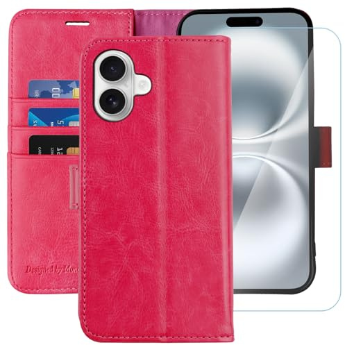 MONASAY for iPhone 16 5G wallet case,[Glass Screen Protector Included] [RFID Blocking] Flip Folio Leather Cell Phone Cover with Credit Card Holder, 6.1-inch, Hot-pink | Kickstand,RFID Blocking,6.6 feet of shock absorption,PU Leather,Strong Magnetic Closure,Fits 6.1 inch ONLY,screen Protector