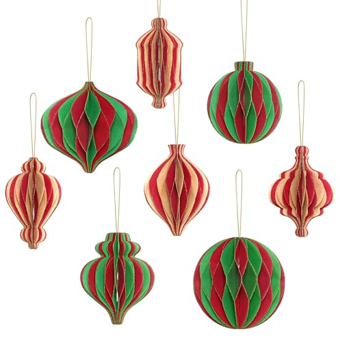 ZEYGC Vintage Weihnachtsdekoration, 8 Stück Wabenpapier Weihnachtsschmuck, Rot Grün Ornamente für Weihnachtsbaum, Papier Xmas Weihnachtsfeier Dekor
