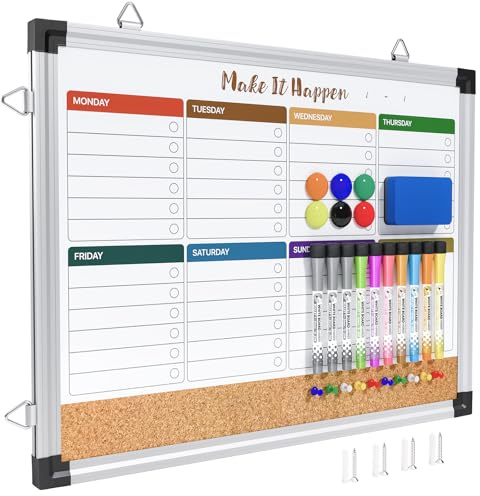 Marsrock Weekly Dry Erase Board and Cork Board Combo for Wall, 17x13 Reversible Hanging Dry Erase Board, Double Sided White Board with Aluminum Frame for Planning, Office, Kitchen, School, Home