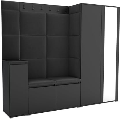 Brent - Garderobenschrank Flur Schwarz mit sitzbank 220 cm Breit Luton 8 - Multifunktionale Flurgarderobe Set mit Stauraum und Wandpaneel, Garderobe mit Sitzfläche und Kleiderhaken