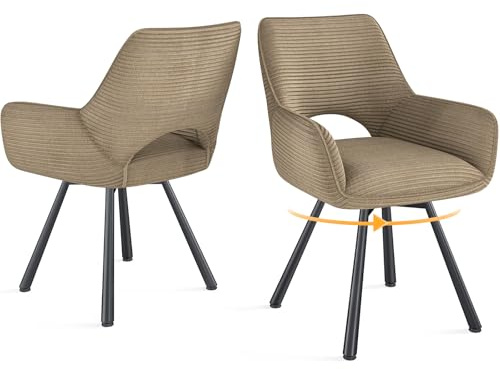 WAFTING Esszimmerstühle 2er Set Drehbar 360°,Armlehnstuhl,Küchenstuhl,Kaki | Metallbeinen,Cord Stoff,Küchenstühle,Wohnzimmerstuhl,Polsterstuhl mit Samt,Esszimmer,Restaurant,Schlafzimmer,Konferenzraum