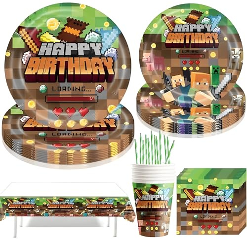 61 Stück Partygeschirr Set,Kindergeburtstag Geschirr Set,Partygeschirr Geburtstag,Kindergeburtstag Deko mit Teller Becher Servietten Tischdecke Strohhalme,Party Geschirr für 10 Gäste