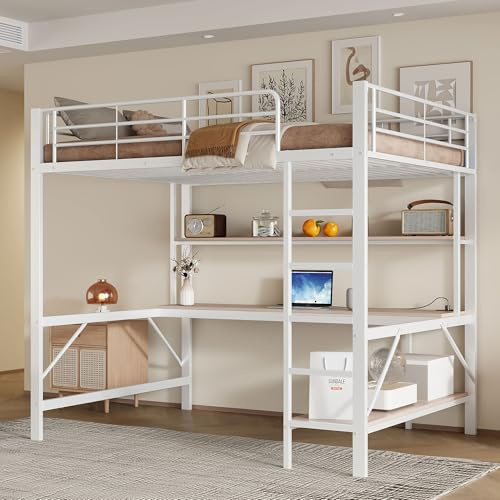 Merax Hochbett mit Schreibtisch 140x200, Kinderbett mit Ambientelicht, Mehrstöckiges Regal und Steckdose + USB-Anschluss, Metallbett mit Sicherheitsgeländer und Leiter für Kinder/Erwachsene, Weiß