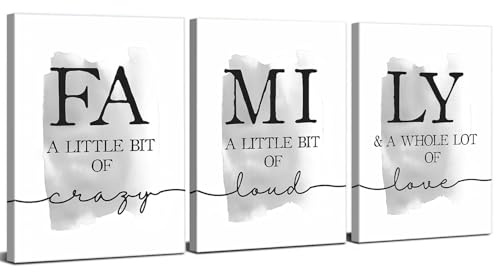 Set of 3 Family Wall Art Home Wall Decor Family Quote Canvas Prints Black and White Inspirational Quotes Pictures A Little Bit of Crazy Loud A Whole Lot of Love Sign for Kitchen Living Room 30x40cm