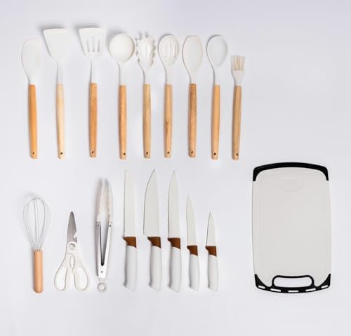 Juego de Utensilios de Cocina de 17 Piezas con Cuchillos, Tabla de Cortar y Accesorios – Mangos de Madera y Silicona Premium