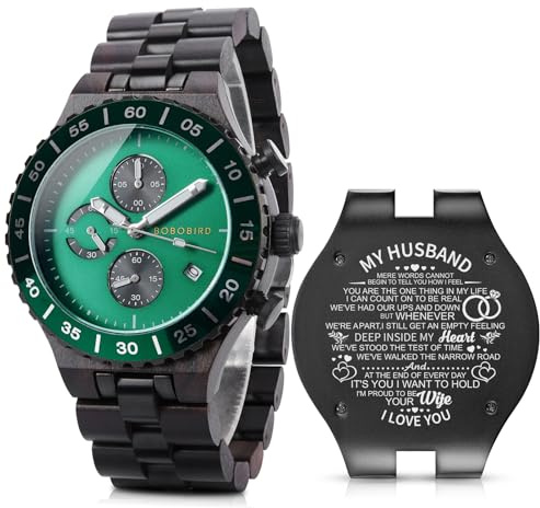 2win Personalized Mens Wooden Watches Green Ebony Japanese Movement Fashion Multifunction Birthday Anniversary Watches for Him Husband Boyfriend with Gift Box (B-for-Husband)