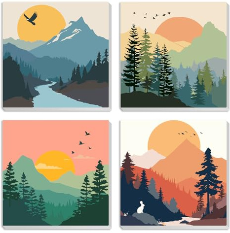 MXJSUA 4 Pack Sunset Mountain Paint by Numbers Kit with Framed Canvas for Ages 6-12 Kids, Paint by Numbers Kits for Children Beginners, Acrylic Oil Painting for Home Wall Decor Gift (20x20cm)