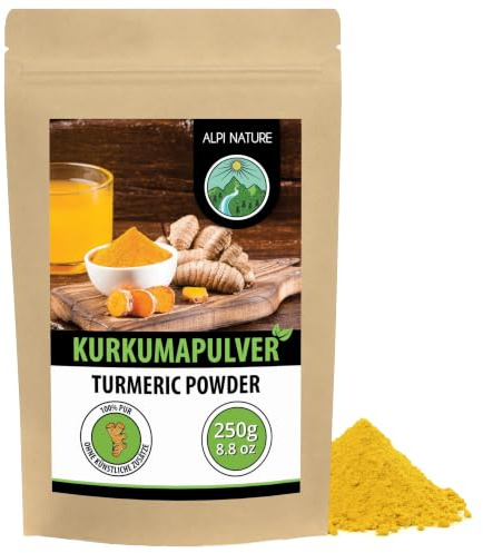 Alpi Nature Kurkuma Pulver 250g, Kurkuma Wurzel gemahlen | Kurkumapulver zum Kochen und für Goldene Milch, ideal für Currys, Suppen, Reis & Marinaden