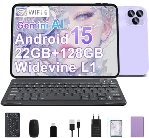 GOODTEL Android 15 Tablet 10.1 Zoll 22 GB RAM + 128 GB ROM (2 TB TF), Octa-Core, WLAN 5G, Gemini AI,2 GHz, GMS, Widevine L1, 8 MP + 5 MP, Typ C, OTG, Cast, Tablet-PC mit Hülle, Tastatur und Maus– Lila