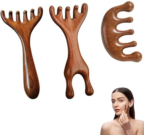 3 Stück Holz Kopfhaut Massagebürste, Holz Gua Sha Kopfhaut Massagekamm, Sandelholz Kopfhautmassagegeräte, Multifunktional Massage Kamm für Entspannende Kopfmassage und Durchblutungsförderung