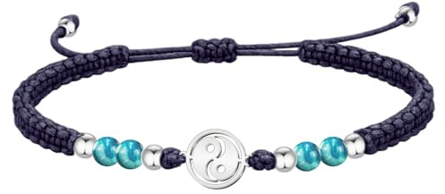 cotigo Pulsera Hilo Encerado con Ágata Azul Natural y Yin Yang en Acero Inoxidable - Amuleto de Equilibrio y Paz Interior Ajustable - Regalo Original para Mujer y Hombre (Agata Azul)