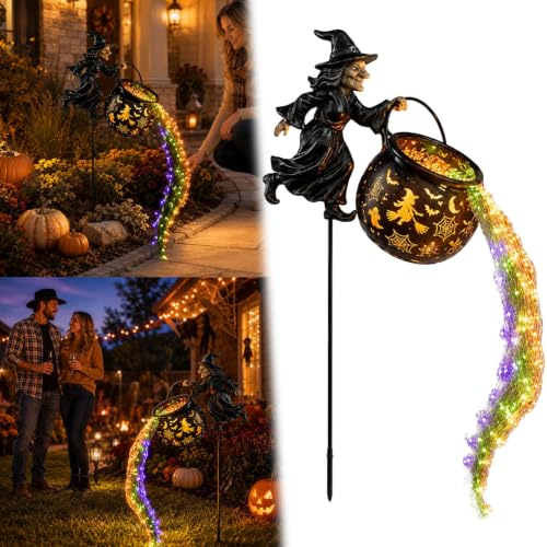 Halloween Witch Cauldron Garden Light, Halloween Solar Gießkanne mit Wasserfall Lichterkette, Wasserdicht Witch Cauldron 3D Light,Hexenkessel-Gartenleuchte zur Dekoration (1 STK)