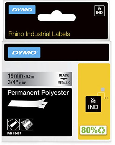 DYMO Rhino Industrie Permanente Polyesteretiketten | 6 mm x 5,5 m | Schwarz auf Metallic | selbstklebendes Schriftband | für DYMO Rhino und LabelManager Beschriftungsgerät