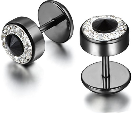 JewelryWe 8mm Mens Black Stud Earrings Stainless Steel Rhinestone Cheater Fake Ear Plugs Gauges Screw Back, 2pcs (with Gift Bag)