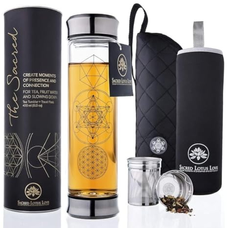 Sacred Lotus Love Double-Walled Glass Tea Infuser Bottle 14oz Portable Travel Mug with Strainer and Sleeve for Loose Leaf Tea, Coffee, Smoothies - Insulated Tumbler with Lid for Hot and Iced Beverages