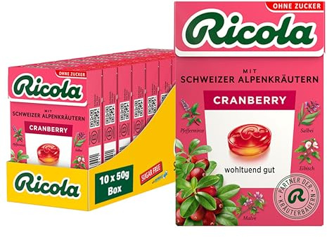 Ricola Cranberry, 10 Böxli Original Schweizer Kräuter-Bonbons mit 13 Alpenkräutern & erfrischend-fruchtiger Cranberry, zuckerfrei, 10 x 50g, vegan