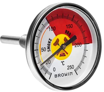 Browin 101250 - Termometro per barbecue, cottura al forno, affumicatura, scala grafica, 0-250°C, 60 mm, in acciaio inox