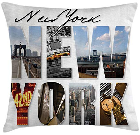 ABAKUHAUS Vereinigte Staaten Kissenbezug, New York Collage, Dekokissenhüllen Waschbar Inn/Outdoor Beidseitiger Druck mit Reißverschluß, 40 x 40 cm, Weiß Schwarz