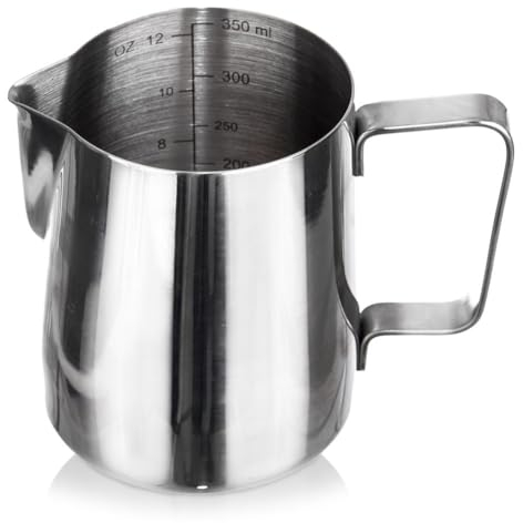 ORION GROUP Milchkännchen, Milk Pitcher 350 ml / 12 oz, Milch Aufschäumen Krug mit Eingebaute Doppelwaage, Milchkanne aus Edelstahl 304 (18/8)