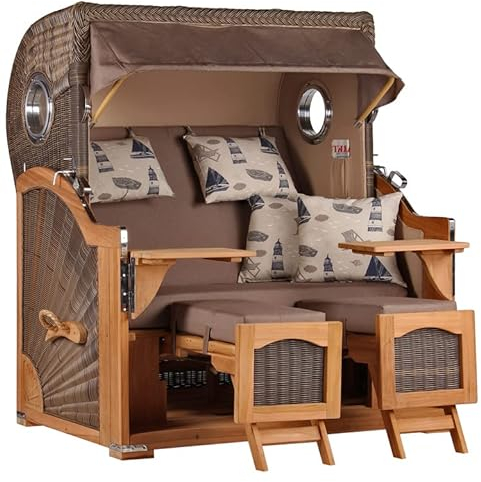 MR. DEKO® Strandkorb Düne Grande XL 2,5-Sitzer Teak | PE Geflecht Grey - Dessin 540 | Volllieger Strandstuhl mit Bullauge inkl. 2 Fußablagen | je 2 Kissen und Nackenkissen | Strandkörbe aus Teakholz