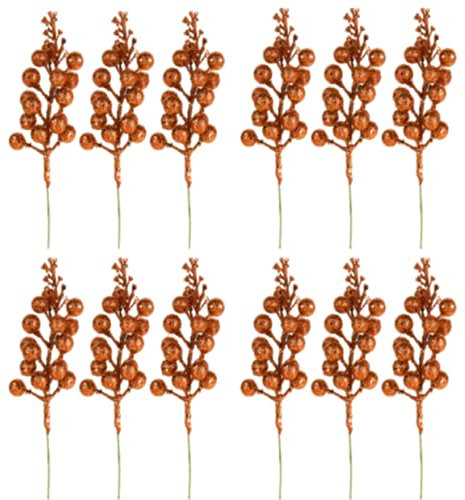 KHBNHJ 12 Stück Weihnachts-Glitzerbeeren-Stiele, 20 cm künstliche Stechpalmenbeeren-Stielspieße, Kranz, Blumenplektren für Weihnachtsdekoration (gelb-grün)